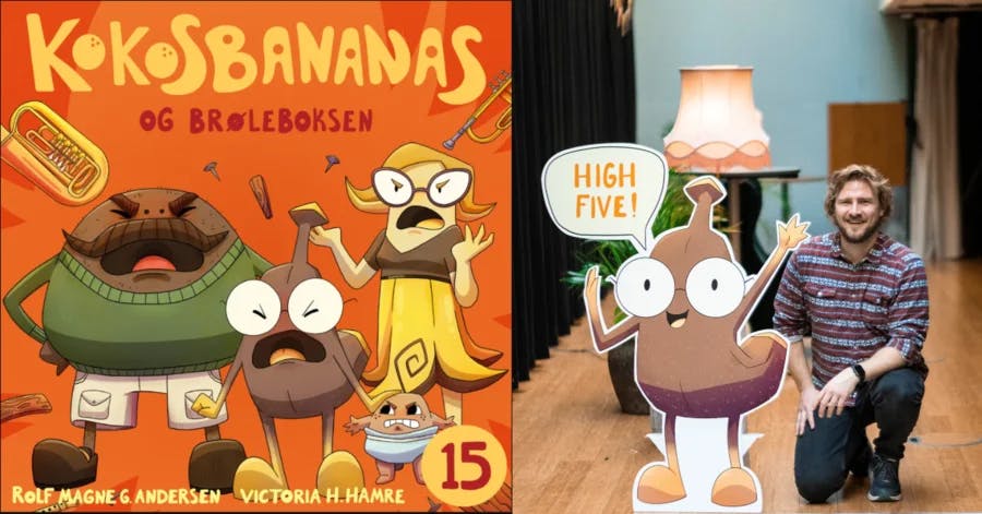 Framsidebilde av Kokosbananas og brøleboksen i tillegg et bilde av forfatteren